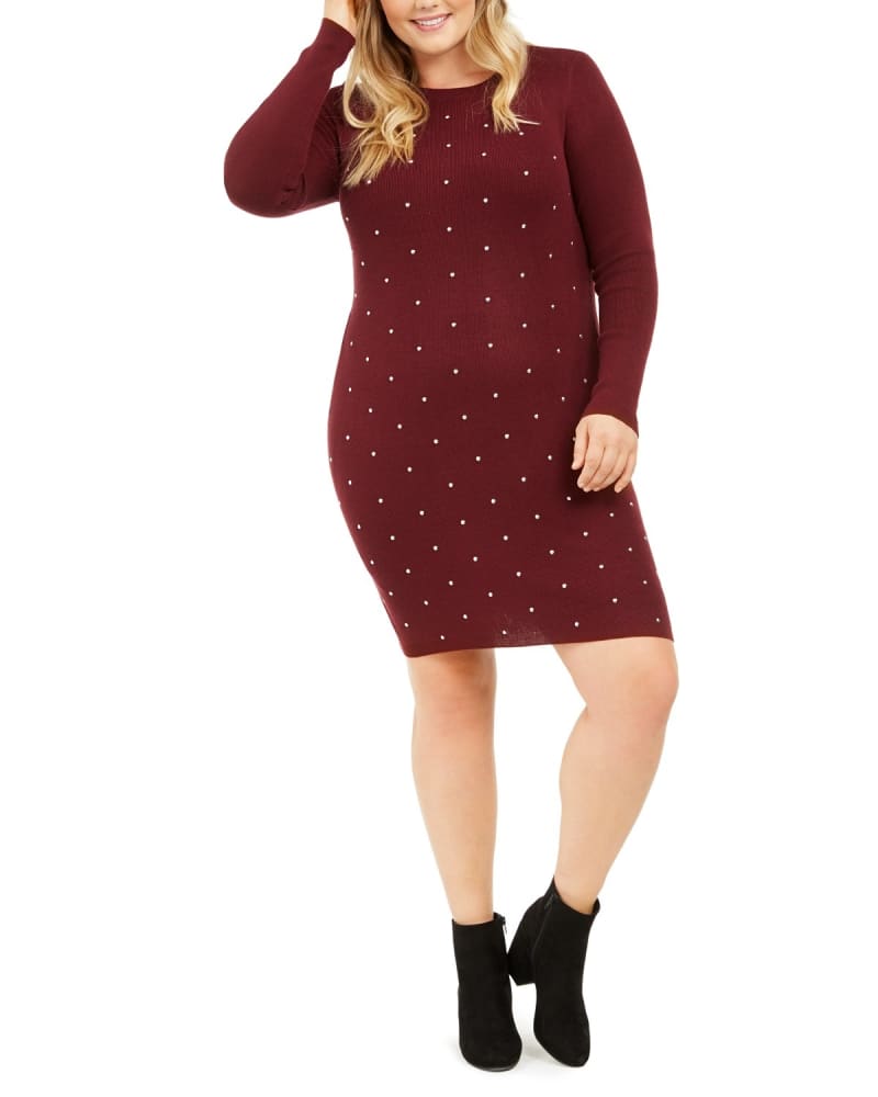 Front of a model wearing a size 3X Planet Gold Women's Derek Heart Trendy Plus Size Studded Sweater Dress Red Size 3X in Red by Planet Gold. | dia_product_style_image_id:314517